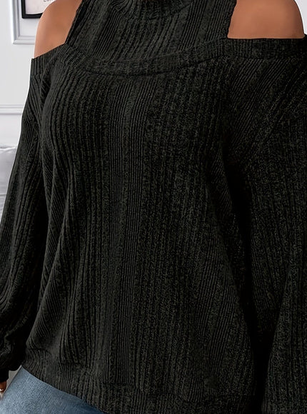 jkthpu-45 Black 1 / UK 18 Women's Ribbed Top - Elegant Asymmetrical Long Sleeve