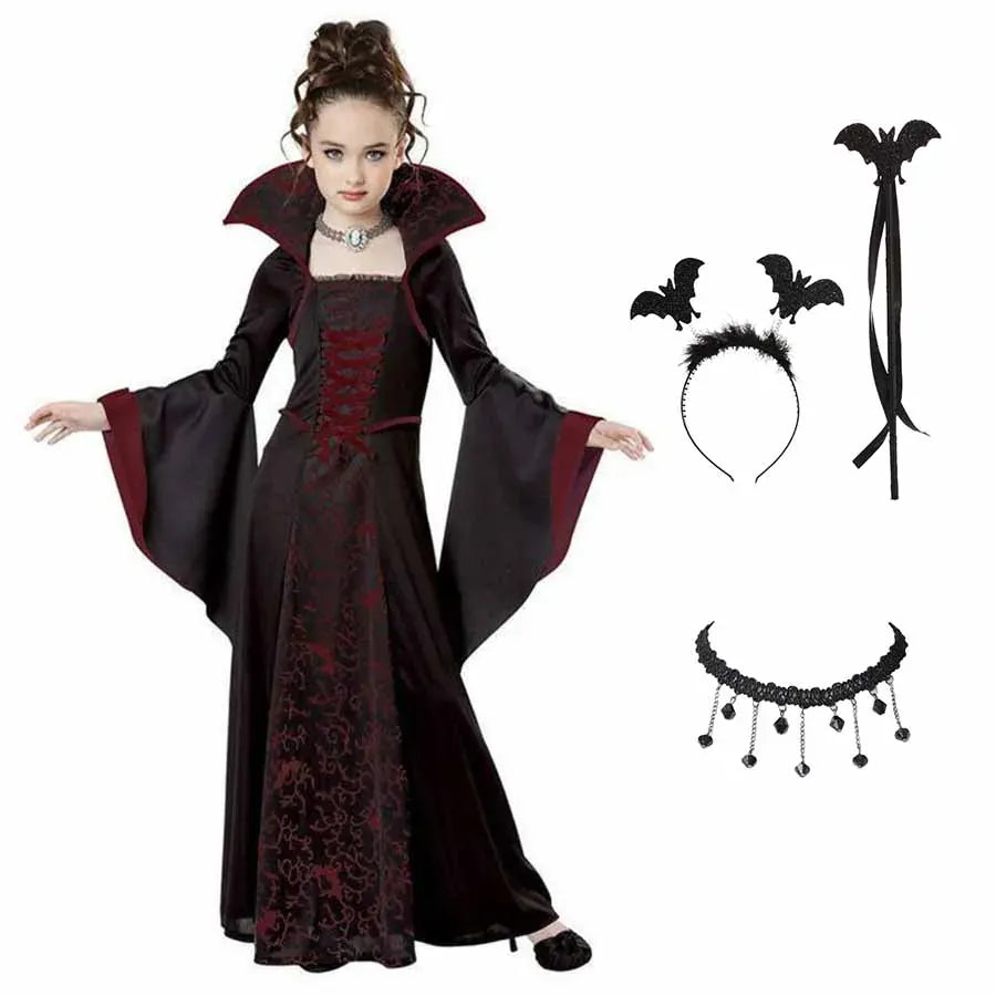 KissICON black / 110cm Halloween Costume for Kids Halloween Fantasy Vampire Costume Girls Long Tutu Dress Kids Carnival Outfit Gothic Feather Clothes