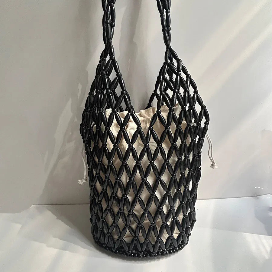KissICON black / 16.5x36cm Woven Hand Hollow-out Wooden Bead Tote –