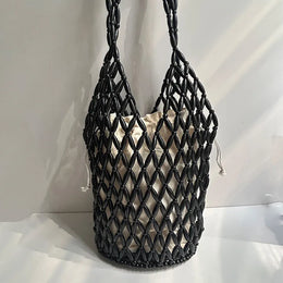 KissICON black / 16.5x36cm Woven Hand Hollow-out Wooden Bead Tote –
