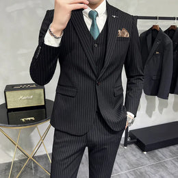 KissICON Black 1button / Asia 7XL (US 3XL) Luxury Striped DoubleBreasted Mens Groom Wedding Suit