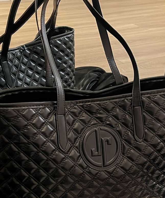 jkthpu-45 Black 1pc Vintage Style Tote Bag for Women, Large Capacity Quilted Checkered Shoulder Bag with Zipper Closure and Polyester Lining, Versatile Commuter and School Handbag, Black PU Material, Fixed Straps, Elegant Retro Design, Commuter Tote Bag | Elegant Accesso