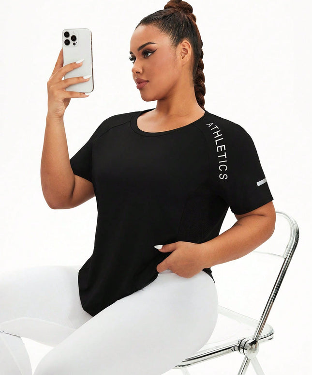 Easithlete Black / 1XL Hem Letter Print Summer Sports Short Sleeve T-Shirt Plus Size