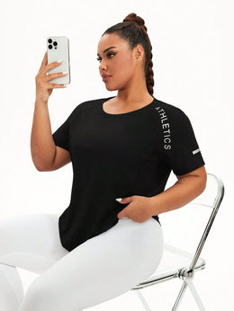 Easithlete Black / 1XL Hem Letter Print Summer Sports Short Sleeve T-Shirt Plus Size