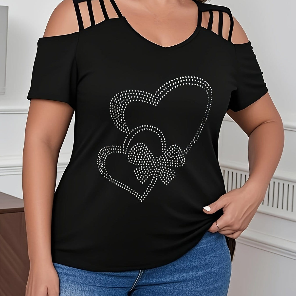 jkthpu-45 Black 2 / UK 16 Plus Size, Plus Size Women's Rhinestone-Embellished Heart Design