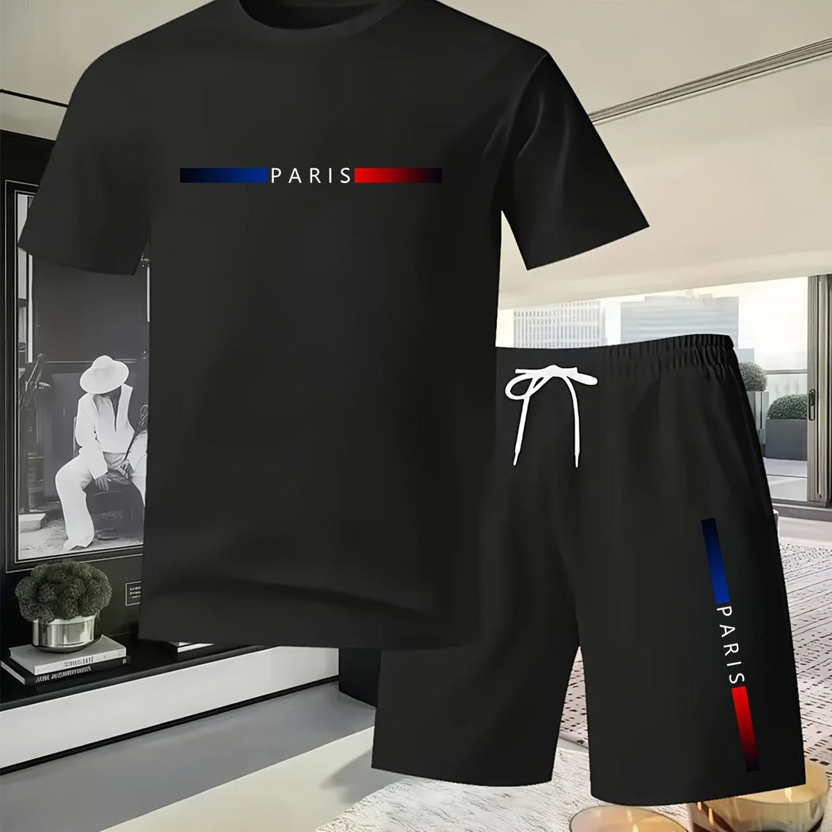 KissICON Black 2 / UK 42 Paris Print Mens Summer TShirt  Shorts Set