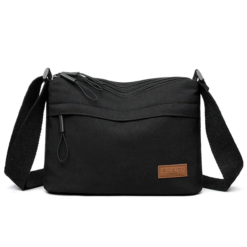 Dropshipman Black 3 Main Pockets High Capacity Shoulder Crossbody Bag for Women Multi-pocket Purse Canvas Handbag Suitable for Mothers Shopping
