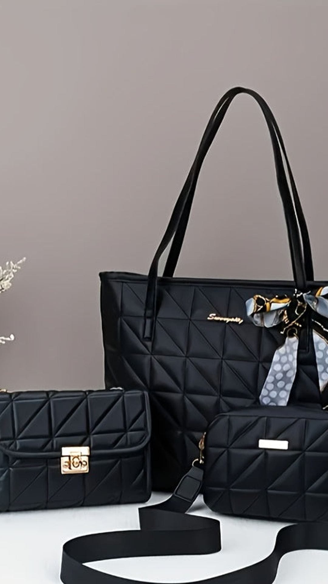 jkthpu-45 Black 3-Piece Bag Set – Shoulder, Crossbody & Handheld in White & Black