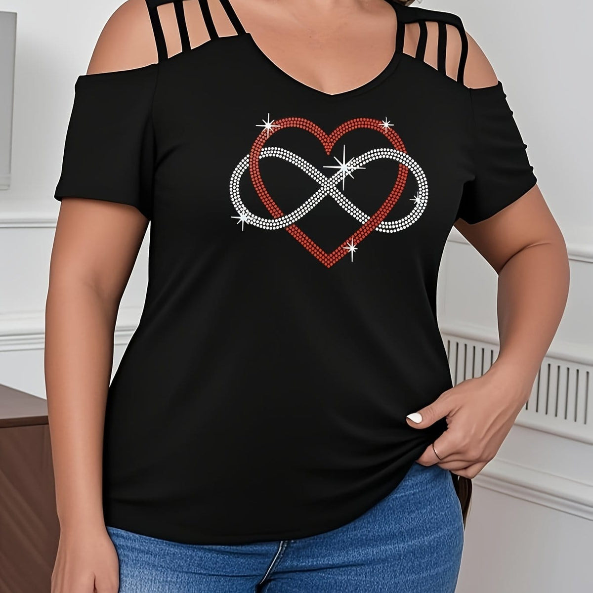 jkthpu-45 Black 3 / UK 16 Plus Size, Plus Size Women's Rhinestone-Embellished Heart Design