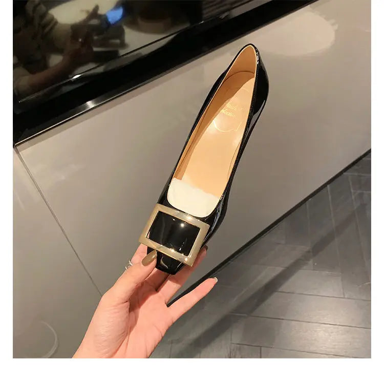 KissICON Black / 34 Flats Women's Shoes Patent Leather Square Buckle Shoes