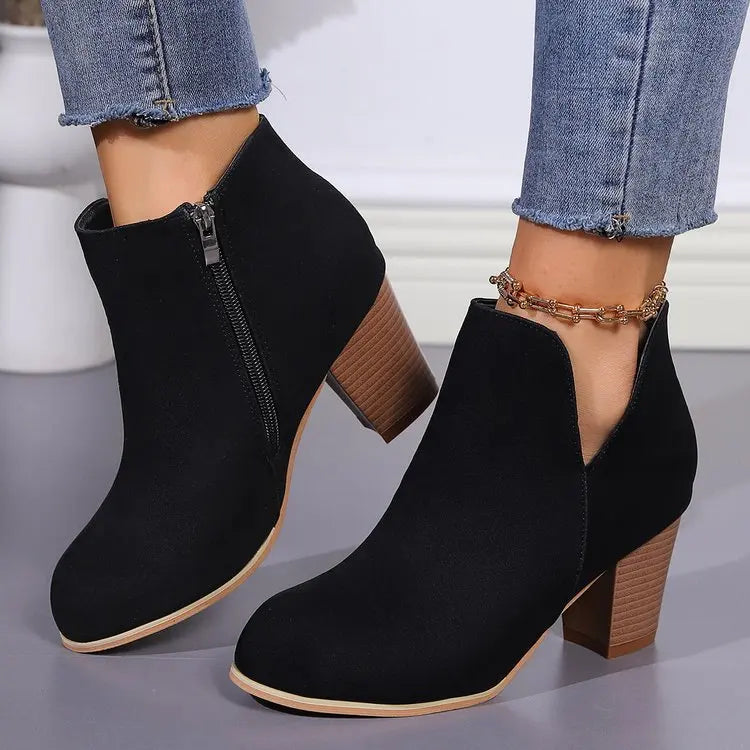 KissICON Black / 35 Elegant Women Ankle Bootie Side Zippers Chunky Mid