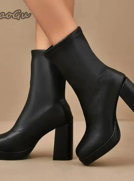 KissICON black / 35 Fashion Pu Black Mid Calf Boots Women 2025