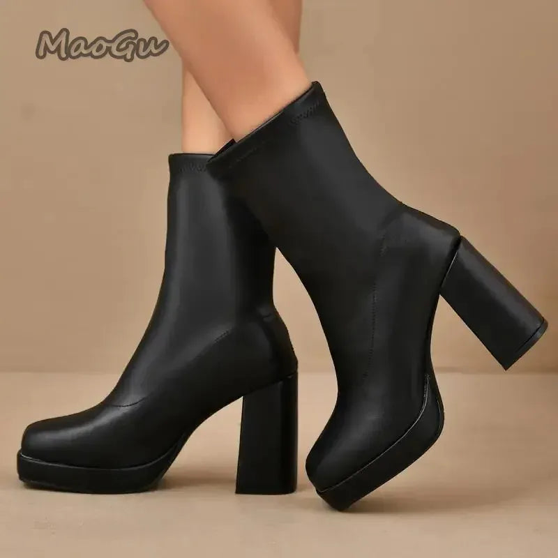KissICON black / 35 Fashion Pu Black Mid Calf Boots Women 2025