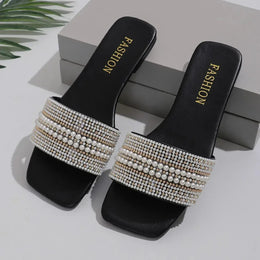KissICON black / 35 Women's Flat Bottom Sandals 2025 Summer New Style Beaded Rhinestone Shoes Womens Outdoor Fashion Slippers