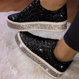 Dropshipman black / 36 2023 Women Vulcanize Shoes Sneakers Sliver Bling Shoes Girl Flat Glitter Sneakers Casual Female Breathable Lace Up Sport Shoes