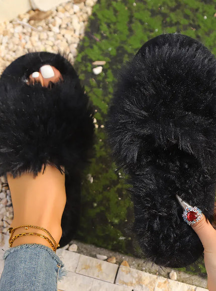 KissICON Black / 36-37 Faux Fur Fluffy Slippers For Women Winter Warm