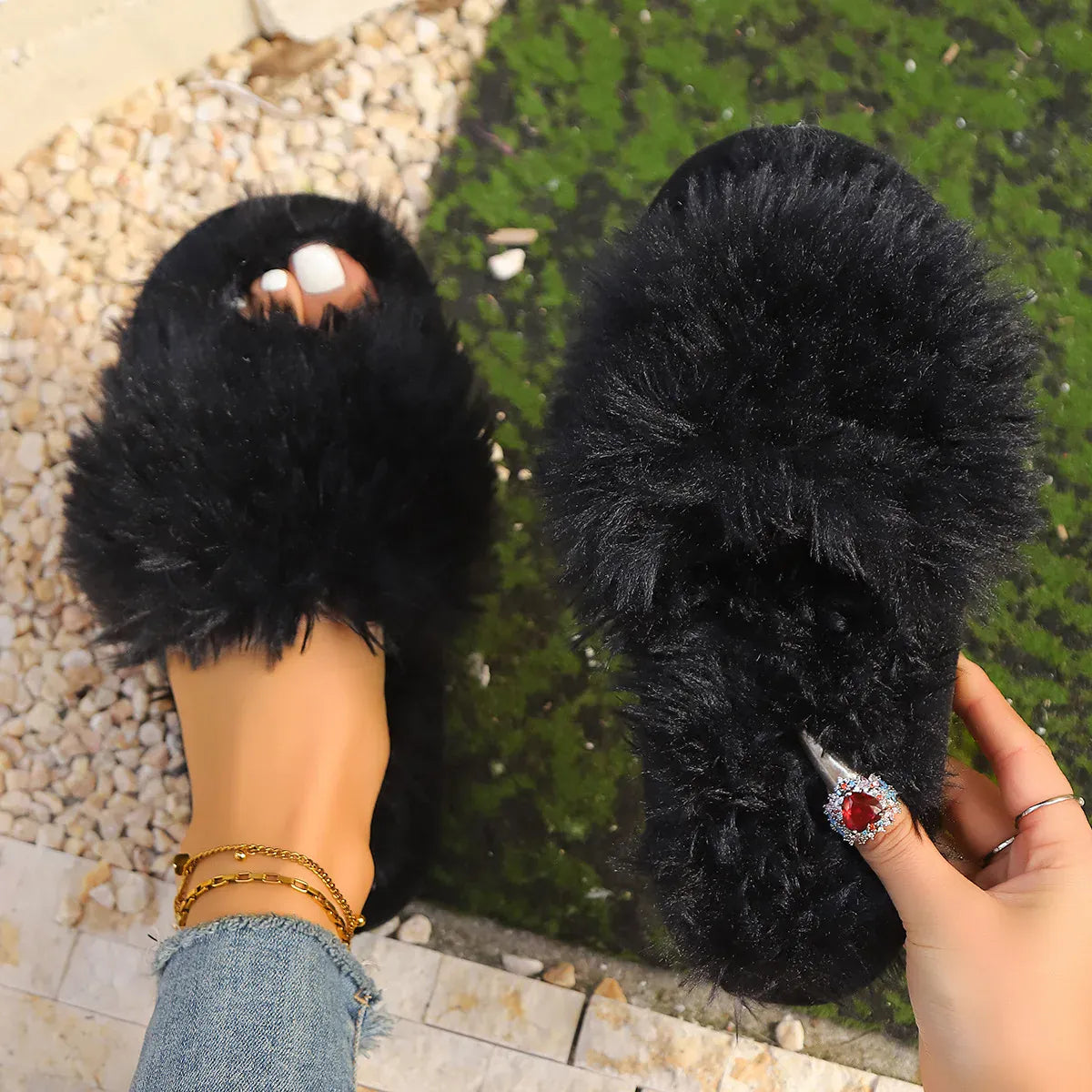 KissICON Black / 36-37 Faux Fur Fluffy Slippers For Women Winter Warm