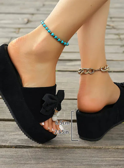 KissICON black / 36 Bowtie Decor Wedges Sandals for Women Summer Thick