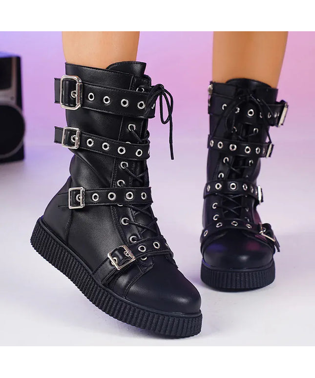 KissICON black / 36 Buckle Decor Flat Boots for Women Plus Size