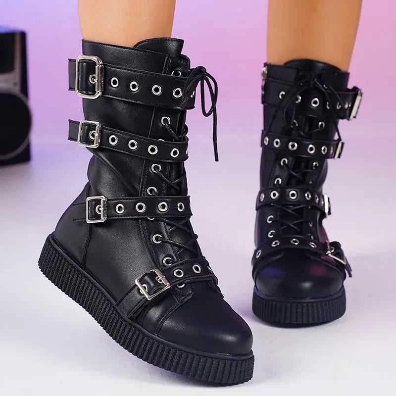 KissICON black / 36 Buckle Decor Flat Boots for Women Plus Size