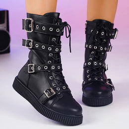 KissICON black / 36 Buckle Decor Flat Boots for Women Plus Size
