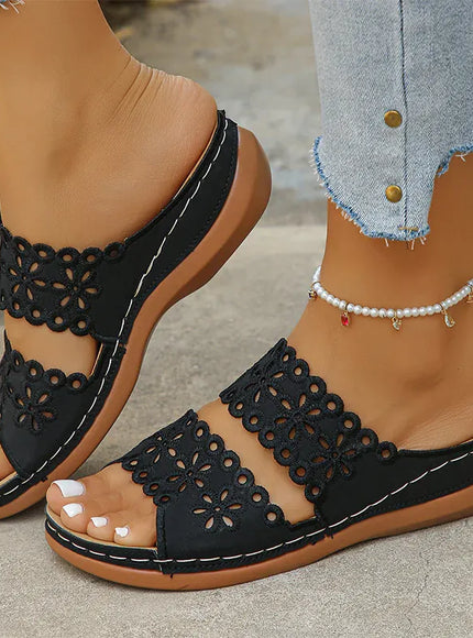 KissICON black / 36 Floral Hollow Decor Wedges Sandals for Women Plus