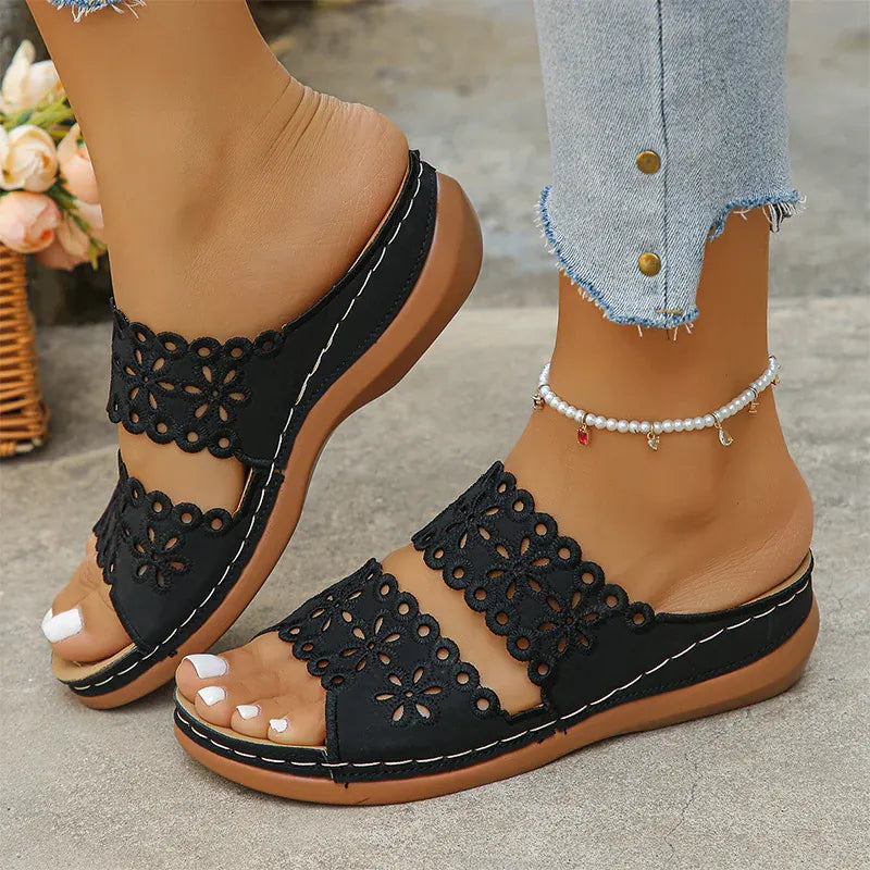 KissICON black / 36 Floral Hollow Decor Wedges Sandals for Women Plus