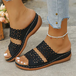 KissICON black / 36 Floral Hollow Decor Wedges Sandals for Women Plus