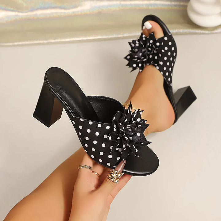 Polka Dot Floral Chunky Heel Sandals