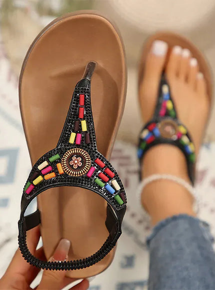 KissICON black / 36 String Bead Crystal Decor Flat Sandals for Women
