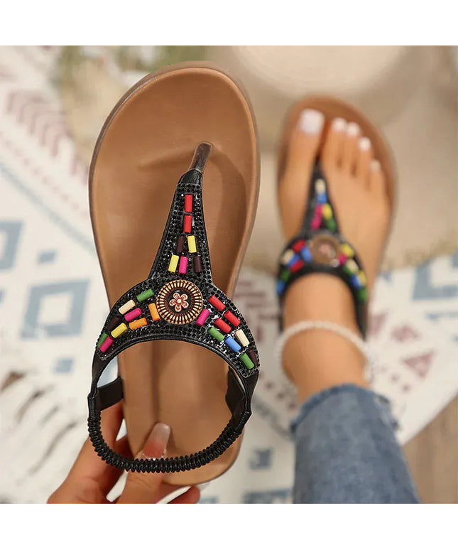 KissICON black / 36 String Bead Crystal Decor Flat Sandals for Women