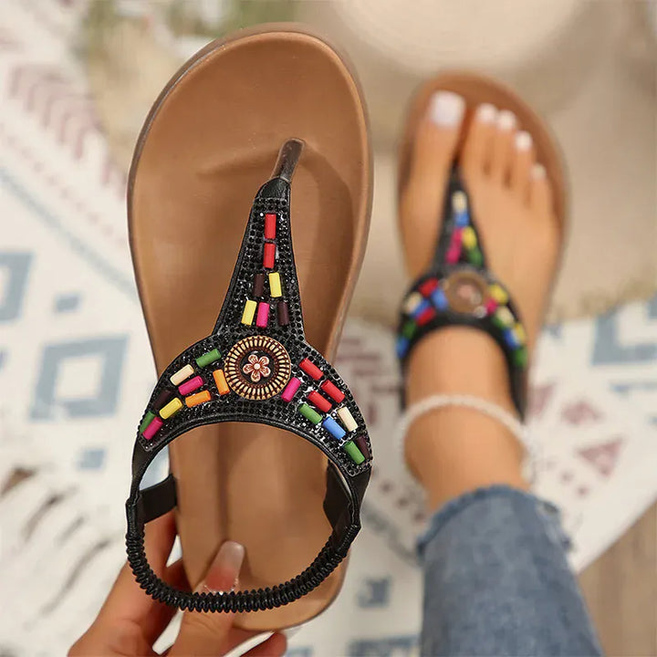 String Bead Crystal Decor Flat Sandals for Women