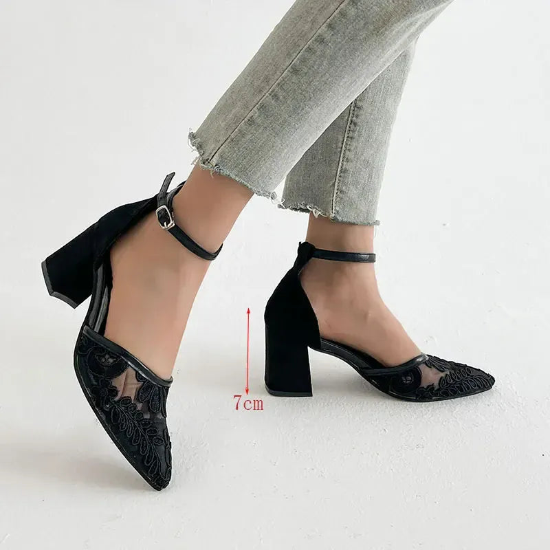 KissICON black / 36 Women's Concise Mesh High Heel Sandals Embroider Decor