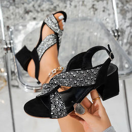 KissICON black / 36 Women's Shiny Crystal High Heeled Sandals Fashion Black