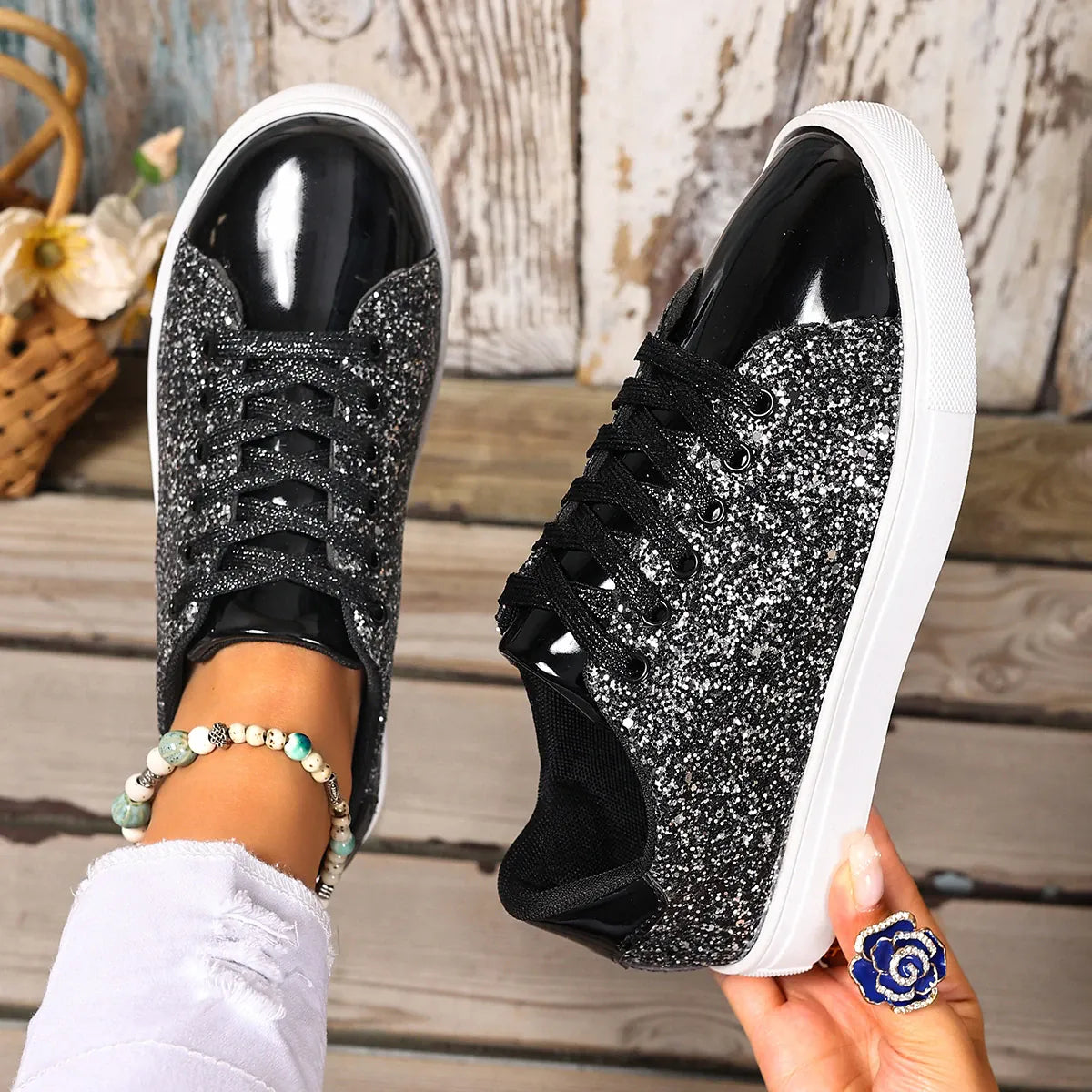 Dropshipman black / 36 Women Sneakers Bling Golden Shoes Casual Female Breathable Sneakers Lace Up Outdoor Sport Women Vulcanize Shoes Zapatos De Mujer