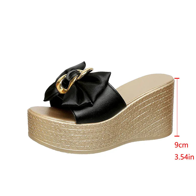 KissICON black / 37 Bowtie Metal Decor Wedges Sandals for Women Elegant