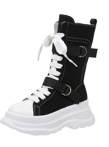 KissICON Black / 37 Canvas Chunky Platform Women's Boots Lace-Up Side Zipper