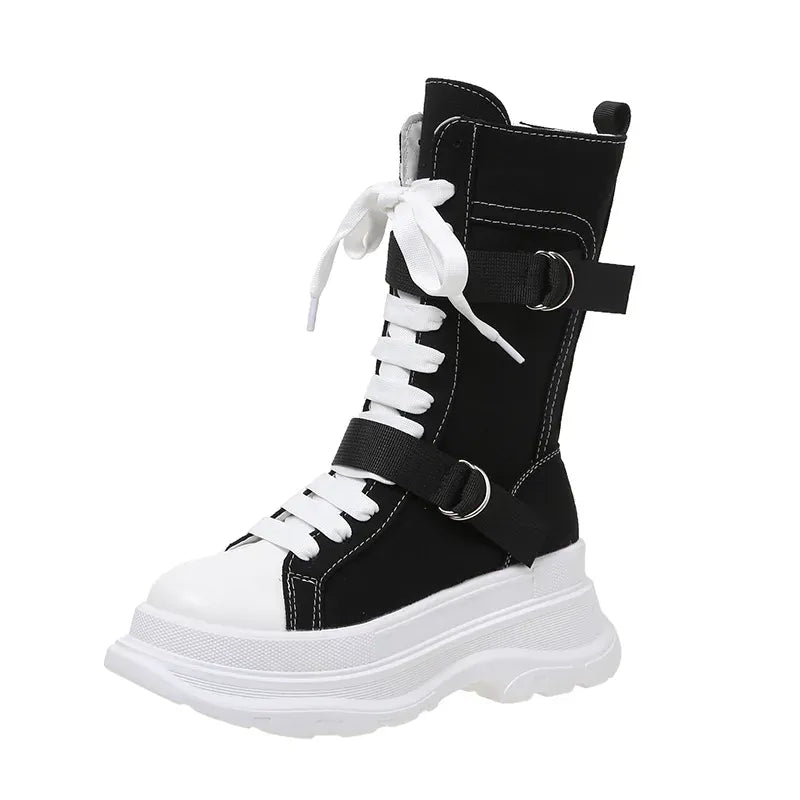 KissICON Black / 37 Canvas Chunky Platform Women's Boots Lace-Up Side Zipper