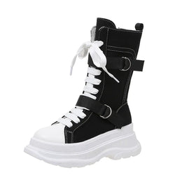 KissICON Black / 37 Canvas Chunky Platform Women's Boots Lace-Up Side Zipper