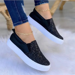 Dropshipman black / 37 Fashion Casual Sneakers Women Shoes 2024 Women Flats Rhinestone Bling Chic Shining Star Sewing Thick Sole Slip on Platform