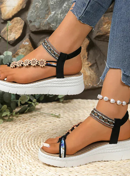 KissICON black / 37 Flower Chain Wedges Sandals for Women Plus Size