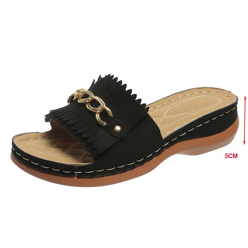KissICON black / 37 Metal Chain Wedges Sandals for Women Plus Size