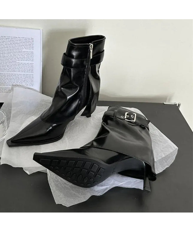 KissICON Black / 37 New Design Denim Buckle Thin Heels Ankle Boots