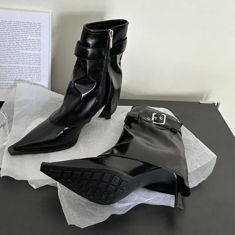 KissICON Black / 37 New Design Denim Buckle Thin Heels Ankle Boots