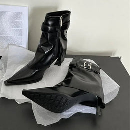 KissICON Black / 37 New Design Denim Buckle Thin Heels Ankle Boots