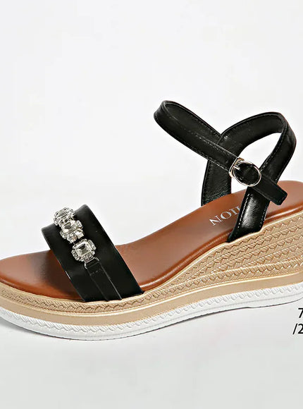 KissICON black / 37 Shiny Large Crystal Chain Wedges Sandals for Women