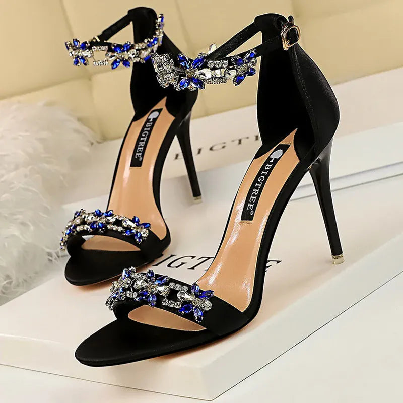 Dropshipman black / 39 BIGTREE Shoes Open Toe Rhinestones Sandals Women 2025 New Designer Sexy High Heels Sandals Female Shoes Summer Heeled Sandals