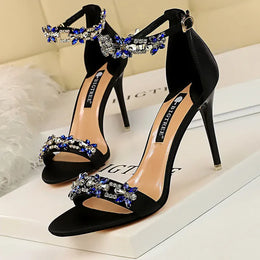 Dropshipman black / 39 BIGTREE Shoes Open Toe Rhinestones Sandals Women 2025 New Designer Sexy High Heels Sandals Female Shoes Summer Heeled Sandals
