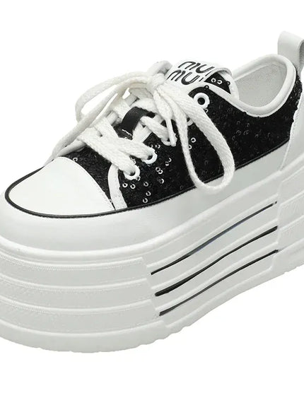 Dropshipman black / 39 Bling Leather Flats Casual Dad Shoes Chunky Sneakers Women Platform Sports Shoes Ladies Skateboard Hidden Heels Shoes Tennis