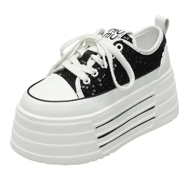 Dropshipman black / 39 Bling Leather Flats Casual Dad Shoes Chunky Sneakers Women Platform Sports Shoes Ladies Skateboard Hidden Heels Shoes Tennis